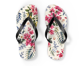 Tropical Floral Flip Flops | Pink Hibiscus Palm Pattern