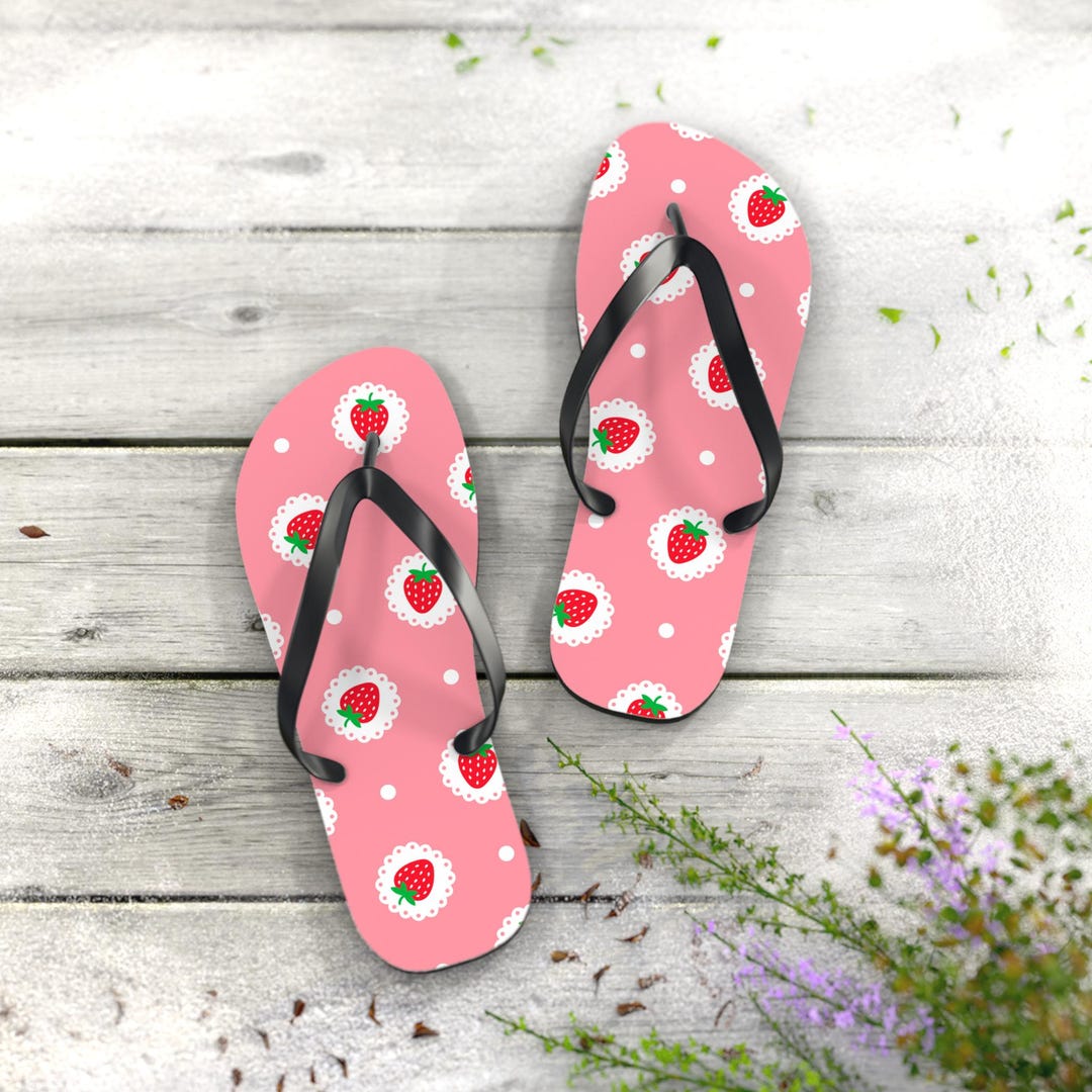 Strawberry Polka Dot Flip Flops | Pink Fruit Pattern Sandals - Etsy
