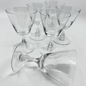 Vintage Fostoria Pine Claret Cocktail Glasses /Etched Crystal wine Glasses 4 3/8” Tall