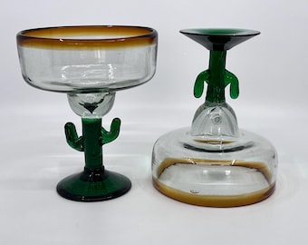 Mexican Cactus Margarita Recycled Glass Glasses, Green Cactus Cocktail Glasses, Margarita Glasses