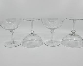 Large Coupe Glasses / Champagne Etched Flower Glasses / Clear Cocktail Stemware / Tall Sherbet Glasses