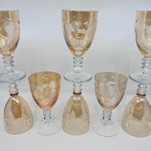 Vintage met amber geëtste wijnbekers: glaswerk met druivenblad, set van 8 inch