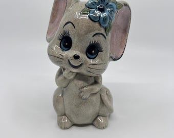 Vintage Mouse Figurine With Blue Flower Ceramic Statue