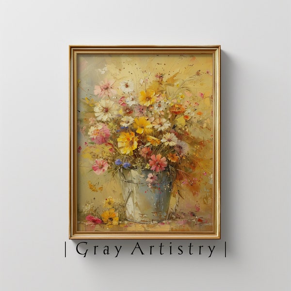 Flower Bucket Wall Decor | Downloadable Oil Painting | Floral Spring Print