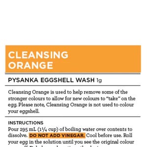 May include: A product label for "Cleansing Orange" eggshell wash by Ukrainian Eggcessories. The label includes instructions for use, with the text "DO NOT ADD VINEGAR". The product is proudly Canadian.