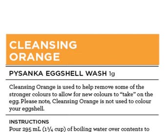 May include: A product label for "Cleansing Orange" eggshell wash by Ukrainian Eggcessories. The label includes instructions for use, with the text "DO NOT ADD VINEGAR". The product is proudly Canadian.
