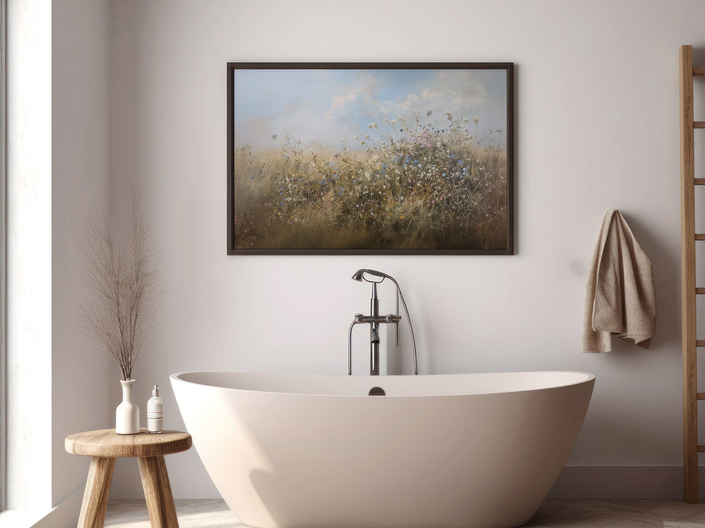 Wildflower Field Oil Painting, Landscape Vintage Art Print With Blue ...