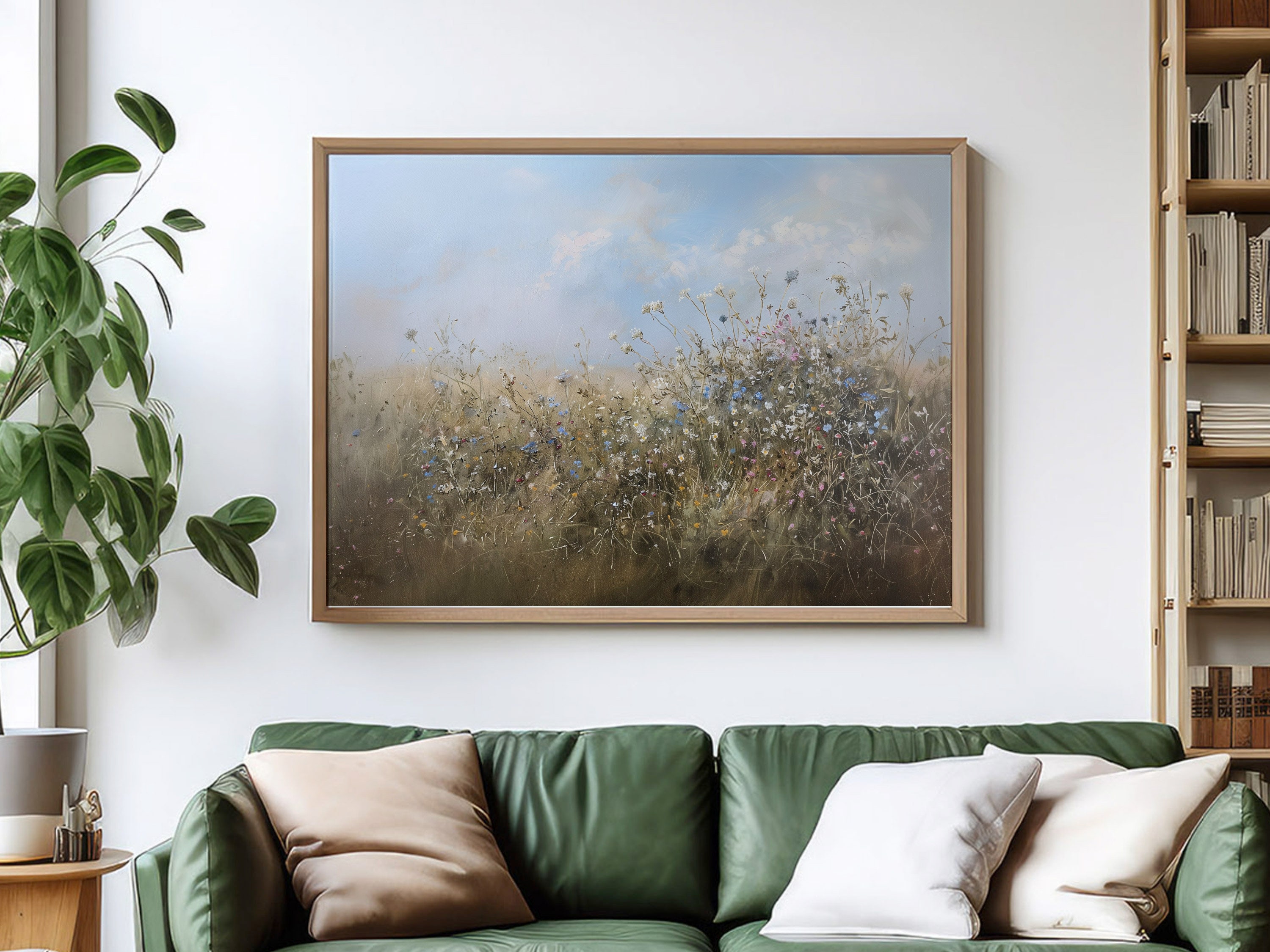 Wildflower Field Oil Painting, Landscape Vintage Art Print With Blue ...