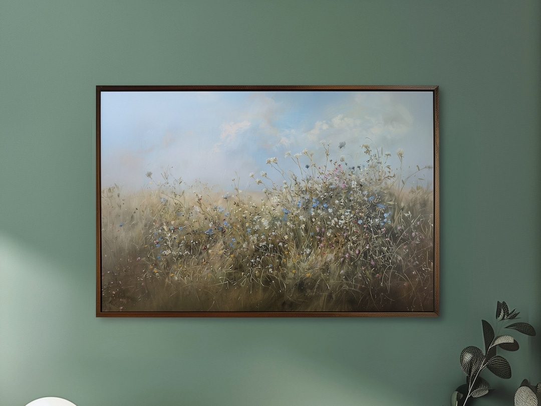 Wildflower Field Oil Painting, Landscape Vintage Art Print With Blue ...