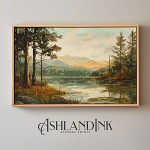 Woods by the River: Calm Waters & Mountainous Vistas in Light Maroon and Gray - Manapunk Inspired Art Digital Download Cabin Rustic Vintage