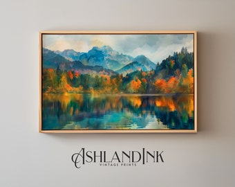 Serene Autumn Lake & Mountain View - Reflective American Tonalism Style Landscape Art Digital Print Autumn Forest Colors