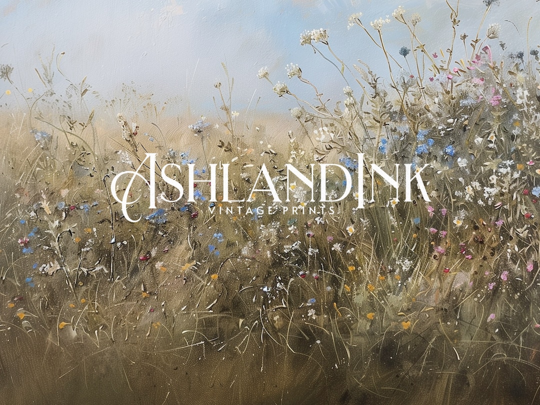 Wildflower Field Oil Painting, Landscape Vintage Art Print With Blue ...