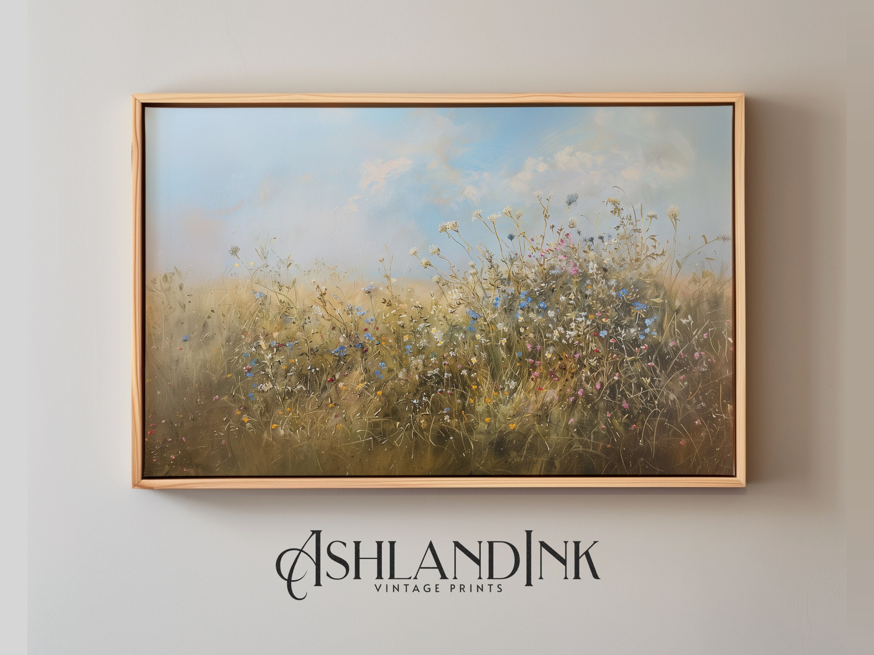 Wildflower Field Oil Painting, Landscape Vintage Art Print With Blue ...