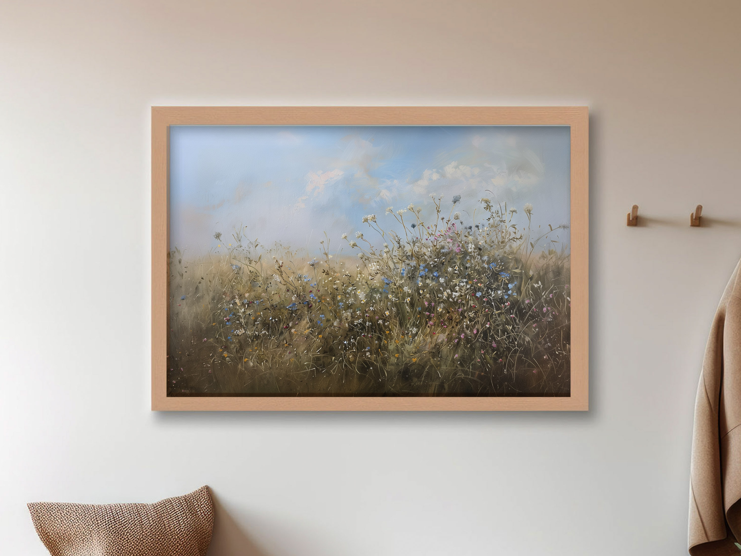 Wildflower Field Oil Painting, Landscape Vintage Art Print With Blue ...