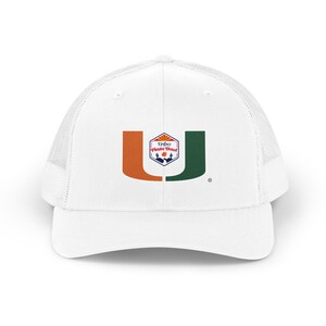 May include: White trucker hat with a mesh back and a curved brim. The front features a stylized orange and green "U" logo with a smaller emblem that reads "Vrbo Fiesta Bowl".