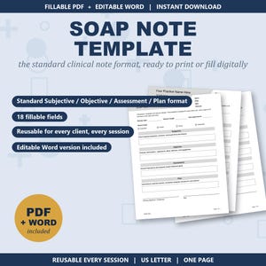 SOAP Note Template | Editable + Fillable PDF | Therapist, Counselor, Social Worker | Clinical Progress Note | Word + PDF