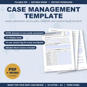 May include: A digital case management template featuring a fillable PDF and editable Word document. The form includes 10 life domains, 151 fillable fields, and a 14-row contact log across three pages, available in US Letter and A4 paper sizes.