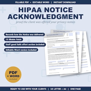 Pode incluir: Um modelo de formulário de confirmação de aviso HIPAA em formatos PDF e Word. O documento apresenta seções para recebimento pelo cliente, métodos de entrega e esforços de boa-fé da equipe, com 15 campos preenchíveis em tamanho A4.