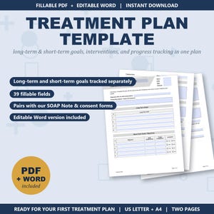 Treatment Plan Template | Goals & Progress Tracking | Fillable PDF + Editable Word | Therapist, Counselor
