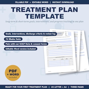 Treatment Plan Template | Goals & Progress Tracking | Fillable PDF + Editable Word | Therapist, Counselor