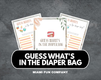 Juego de la bolsa de pañales: actividad imprimible para baby shower para que los invitados adivinen los artículos.