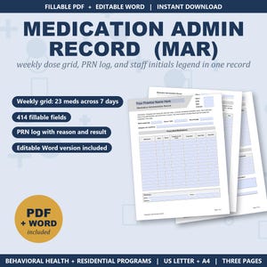 May include: A Medication Admin Record (MAR) template featuring a weekly dose grid, PRN log, and staff initials legend. The document includes 414 fillable fields for 23 medications over 7 days. Available as a fillable PDF and editable Word document.