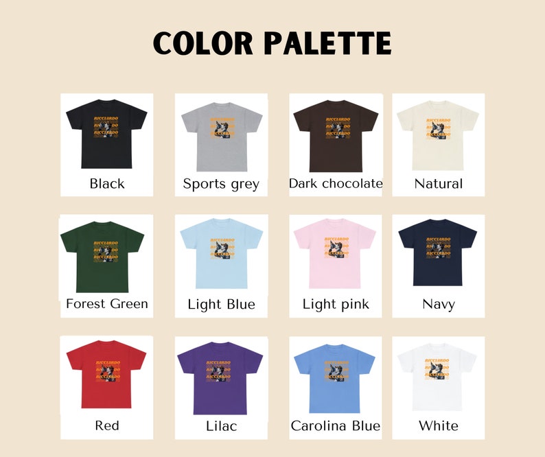 May include: A colour palette of 12 t-shirts with different colours and a graphic print. The colours are black, sports grey, dark chocolate, natural, forest green, light blue, light pink, navy, red, lilac, Carolina blue, and white.
