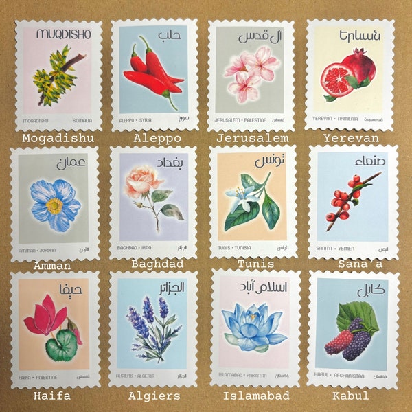 Drop 2 Global Cities Stamps, Botantical Aesthetic Faux Stamp Sticker