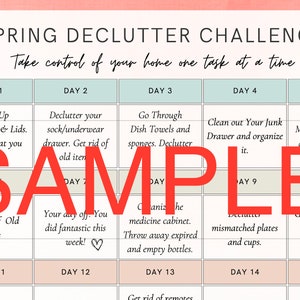 May include: A printable spring declutter challenge checklist with 15 daily tasks to help you organise your home. The checklist is divided into a grid with 5 columns and 3 rows. Each day has a different task, such as matching up Tupperware and lids, decluttering your sock drawer, going through dish towels, cleaning out your junk drawer, organising mugs and water bottles, and decluttering winter clothes.