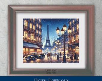 HIGH QUALITY 1940s Paris Street at Night Picture Wall Art Poster Print | Eiffel Tower | Shops and Old Cars | 11x14 18x24 24x36 50x70cm