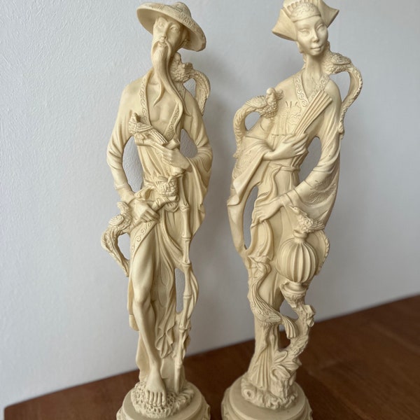 Vintage 50’s statues | Ivoor look | Eastern Style | Oriental | Chinese man and woman statue | bird | Unique Home Decor