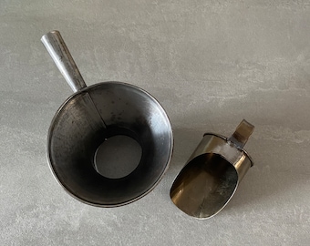 Antique vintage handmade tin funnel and scoop - primitive kitchen utensils