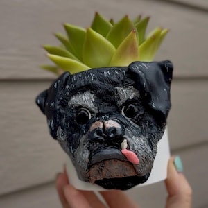 May include: A white cylindrical planter featuring a sculpted black and grey dog face on the front. The dog has large dark eyes, a textured snout, and a small pink tongue protruding from the side of its mouth. A green succulent plant sits inside.