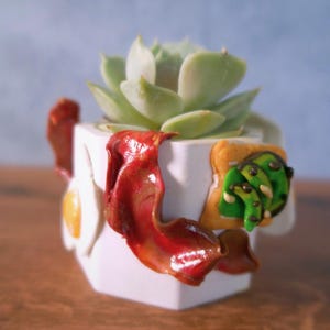 May include: A white hexagonal planter containing a light green succulent. The exterior is decorated with three-dimensional clay embellishments including a strip of cooked bacon, a fried egg, and a piece of toast topped with sliced green avocado.