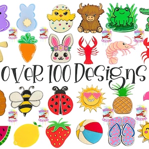 May include: A collection of colorful wooden cutouts featuring various designs, including a purple Peep, a blue bunny, a chick in an egg, a Highland cow, a frog, an alligator, a cross, a carrot, a bunny with flowers, a lobster, a shrimp, a crab, a beehive, a bee, a ladybug, a sun, a pineapple, a flamingo, a watermelon, a lemon, a strawberry, a beach ball, flip-flops, and a smiling sun. The text "Over 100 Designs" is also present.