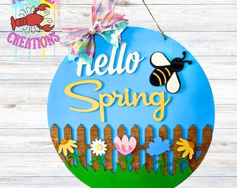Hello Spring Bee Wood Door Hanger: Laser Cut Fence & Flowers