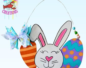 Easter Bunny Face with Carrot and Easter Egg Door Hanger Laser Cut Sign