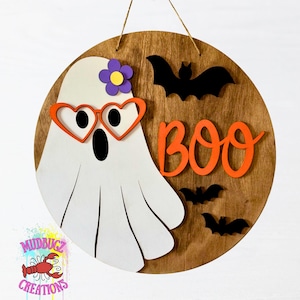 Halloween Boo Ghost Wearing Glasses Laser Cut Wood Round Door Hanger Door Sign