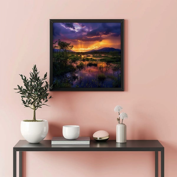 Printable Ethereal Twilight: Majestic Mountains and Serene Wetlands at Dusk