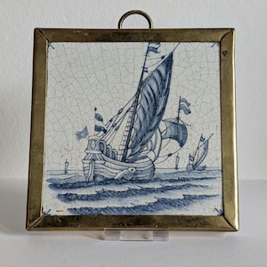20th century Delft sailing ship imitation tile blue and white ceramic wall tiles delftware kitchen tiles