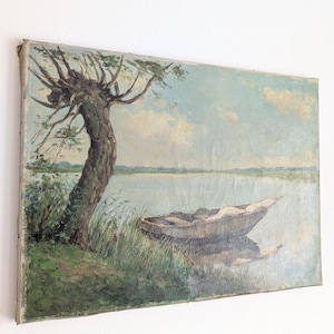Dutch antique oil painting, boat in sunny landscape original oil on canvas early 20th century work 1930s