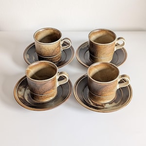 4 x mid century Porsgrund Norway lava cups & saucers vintage Earthy Stoneware Designed by Eystein Sandnes for Porsgrund Norway