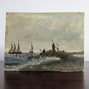 Antique oil painting scene of boats and people near the shore nice original Dutch oil on panel early 20th century work