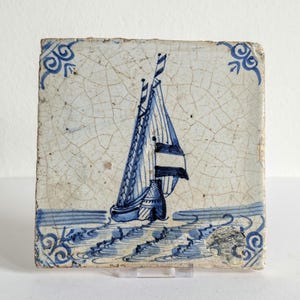 Nice 17th century Delft sailing ship tile blue and white ceramic wall tiles antique delftware kitchen tiles
