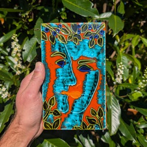 One of a Kind Wall Plaque Of A Couple in Bright colors 60/70s Ceramic wall plaque Spaceage Orange Turquoise