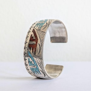 Navajo Sterling Cuff bracelet RB marked with coral chip inlay