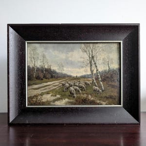 Öl auf Leinwand Schäfer mit Schafherde umrahmt Gemälde Holländische Landschaft antikes stimmungsvolles original des 20.Jahrhunderts Kunstwerk