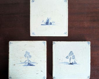 18th Century Delft Tiles: set of 3 Dutch Landscape scenes, Antique Delftware