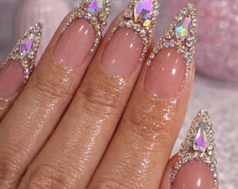 Unhas postiças com diamantes | Design de verão com strass (10 unidades, tamanho M)