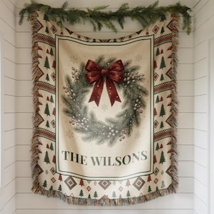 Personalized Christmas Woven Blanket – Custom Family Name, Holiday Wreath